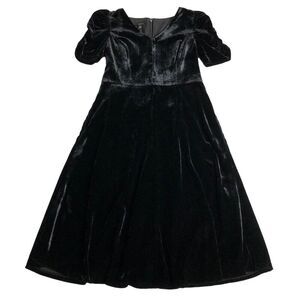 Talbots Dress Womens Petite 2 Black Velvet Fit & Flare Ruched Sleeve Zip Y2K 90s